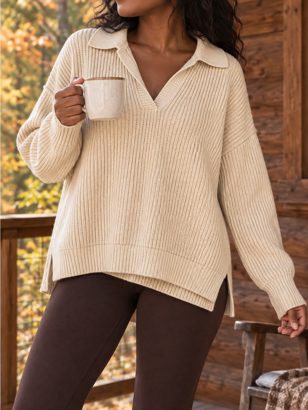 aerie Cream Ribbed V-Neck Collar Sweater